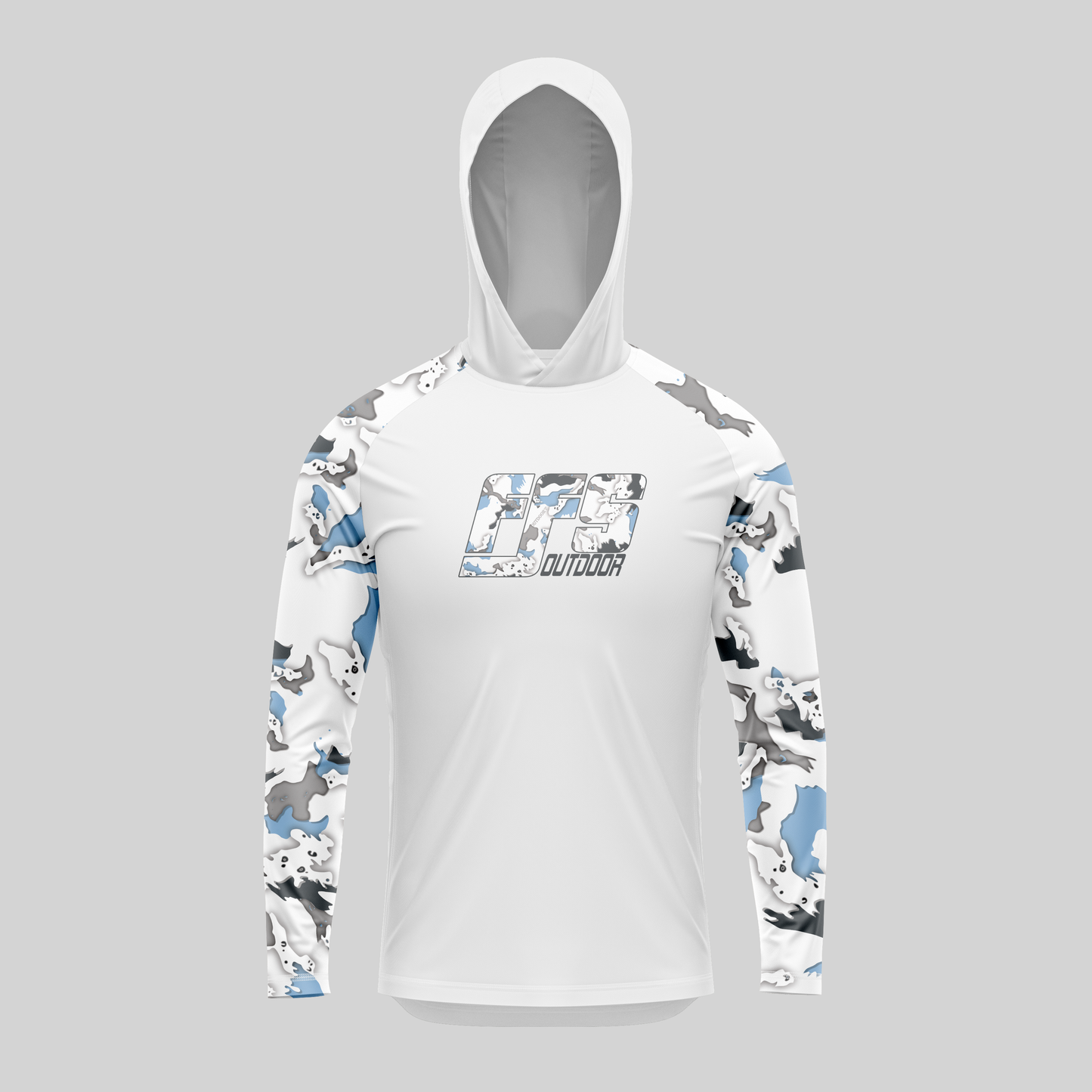 White hoodie with Sea camouflage sleeves on a gray background