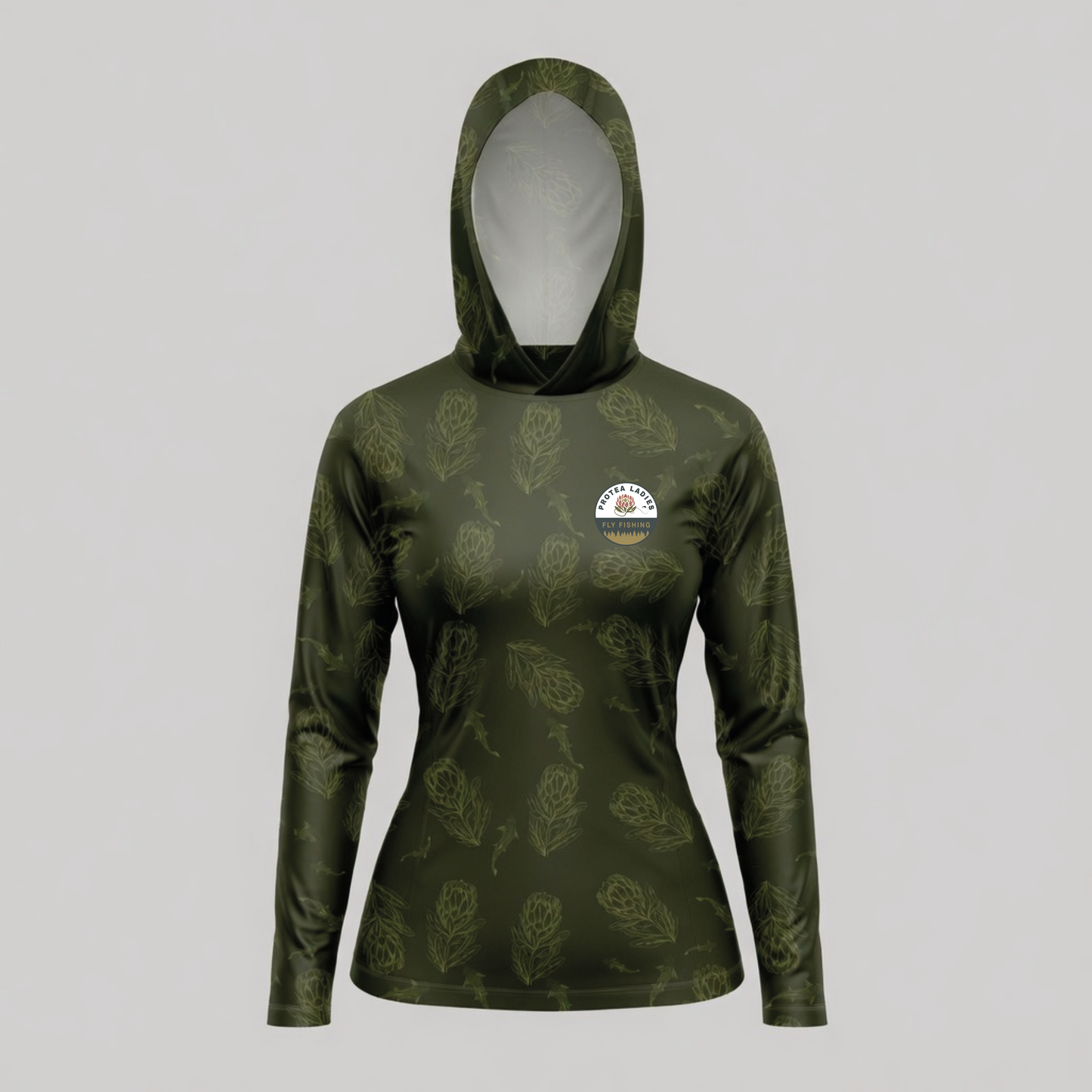 Green patterned hoodie with a logo on a gray background