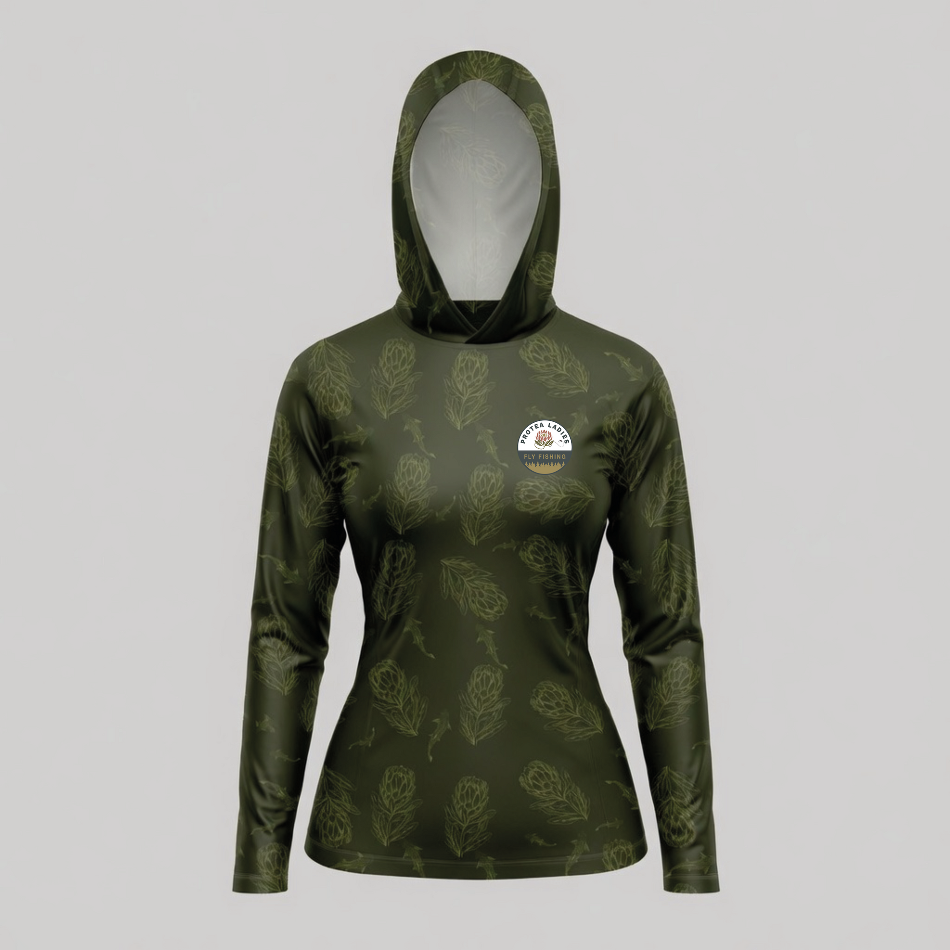 Green patterned hoodie with a logo on a gray background