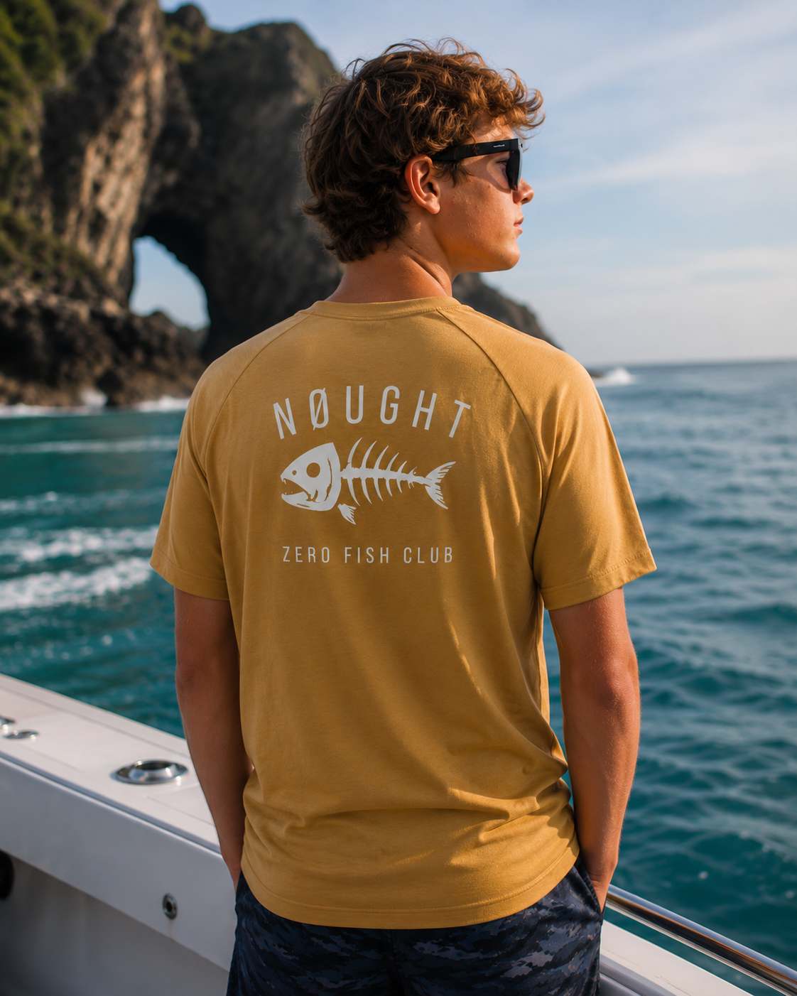 NOUGHT Youth Premium Cotton Tee - Mustard fish skeleton