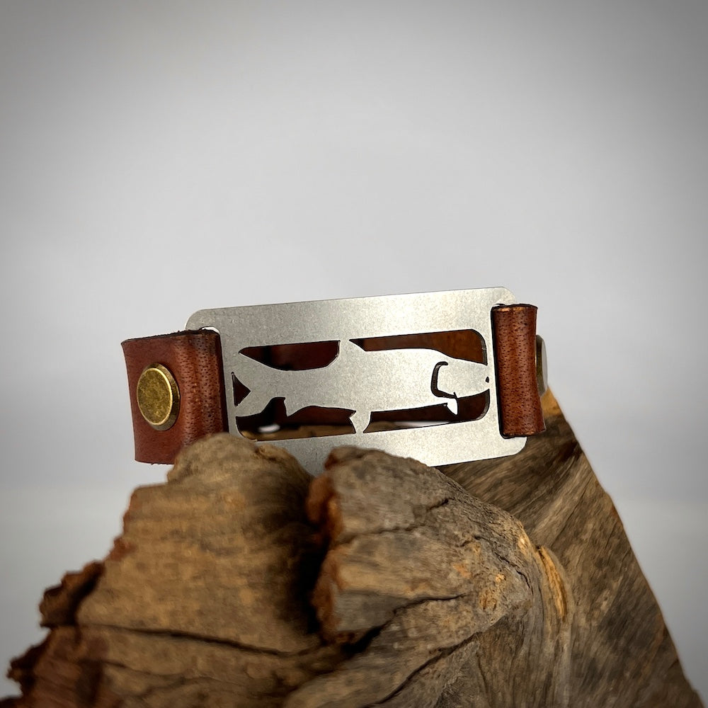 Mens leather bracelet with stainless steel plate local fish species